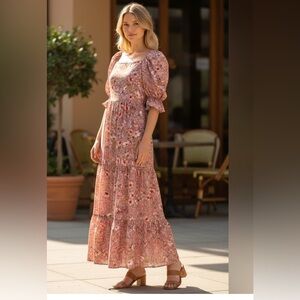 Floral Pink Maxi Dress with Puff Sleeves